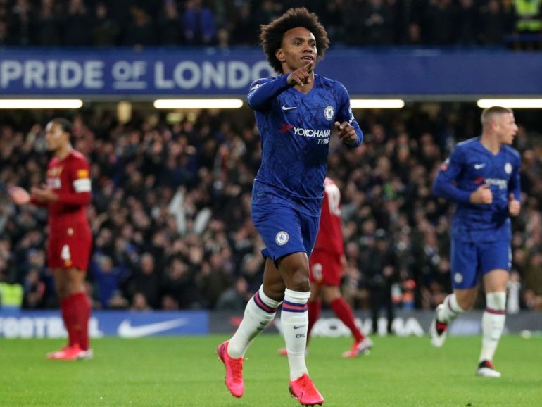 Soccer Football FA Cup Fifth Round Chelsea v Liverpool Stamford Bridge, London, Britain March 3, 2020 Chelsea's Willian celebrates scoring their first goal REUTERS/Hannah Mckay